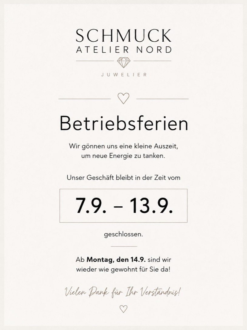 Betriebsferien: Unser Geschäft bleibt vom 7.9. bis 13.9. geschlossen. Ab Montag, den 14.9. sind wir wieder wie gewohnt für Sie da.