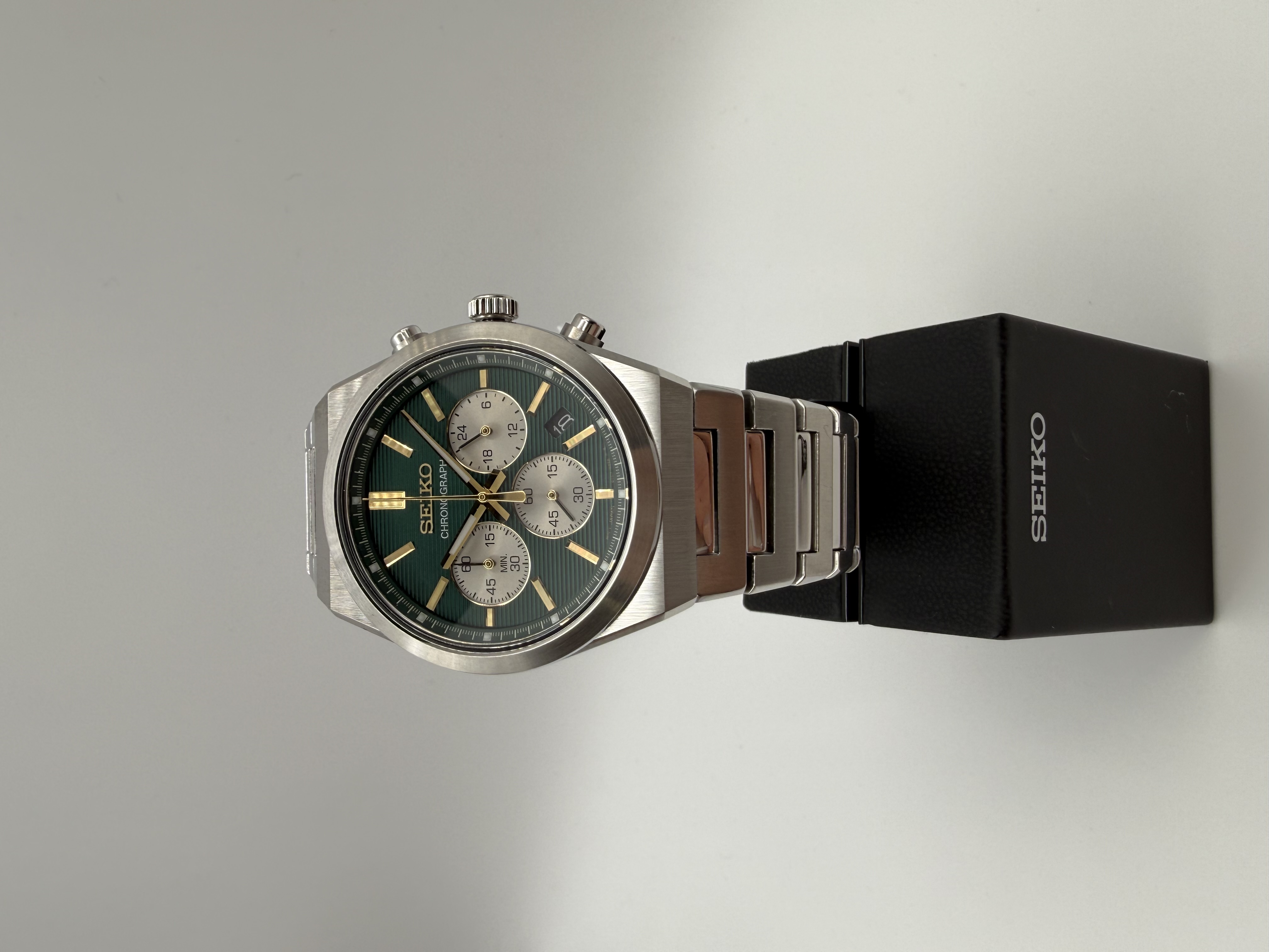 Seiko Herrenuhr Quarz Chronograph grünes Zifferblatt Stahlarmband