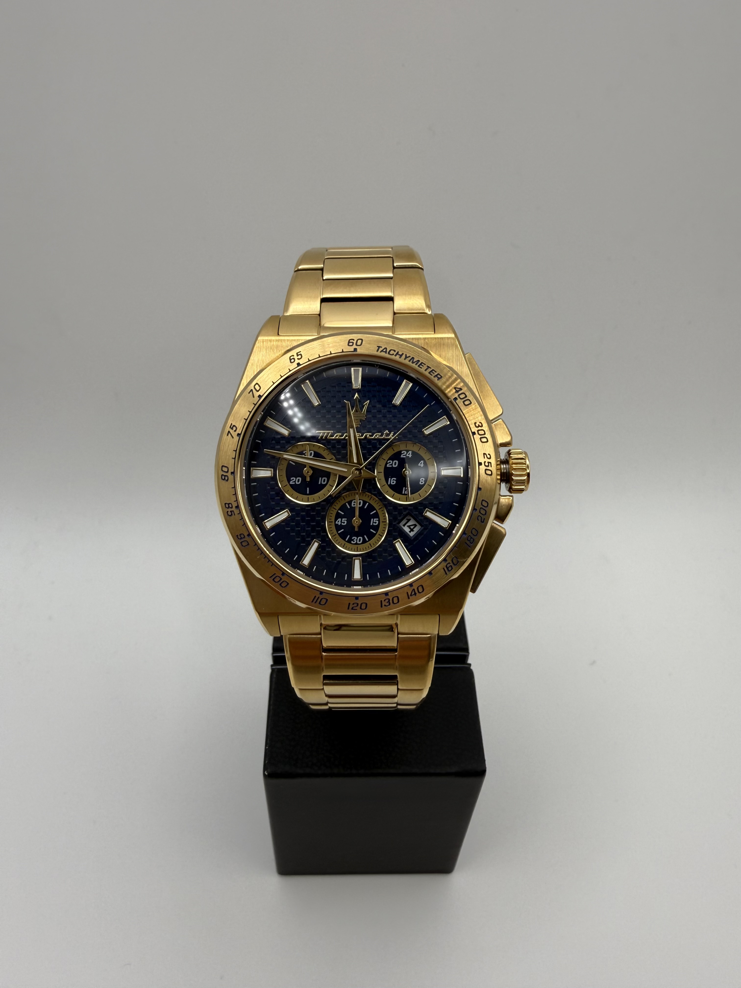 Maserati Herrenuhr Chronograph Tachymeter blaues Zifferblatt Gold Armband